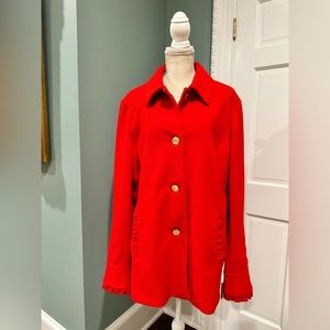 Crown & Ivy warm, red jacket, brass buttons and bow in back. Size XXL